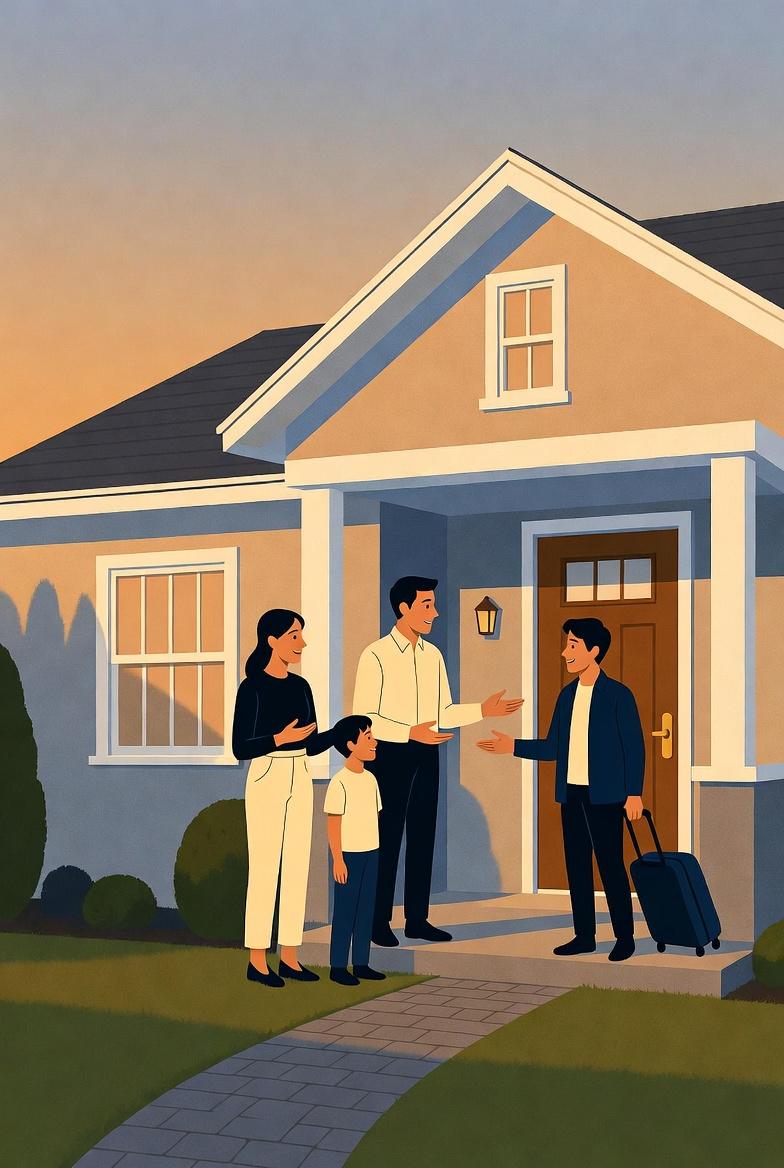 Host family welcoming an international student at the front door