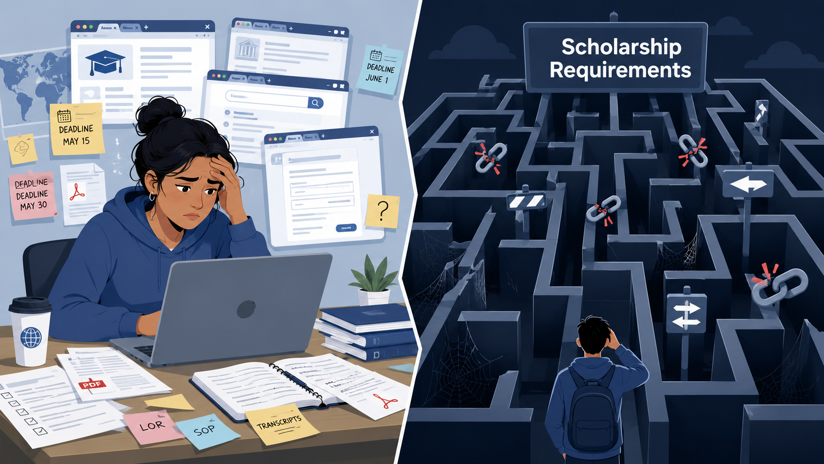 A student overwhelmed by scattered scholarship research and deadlines