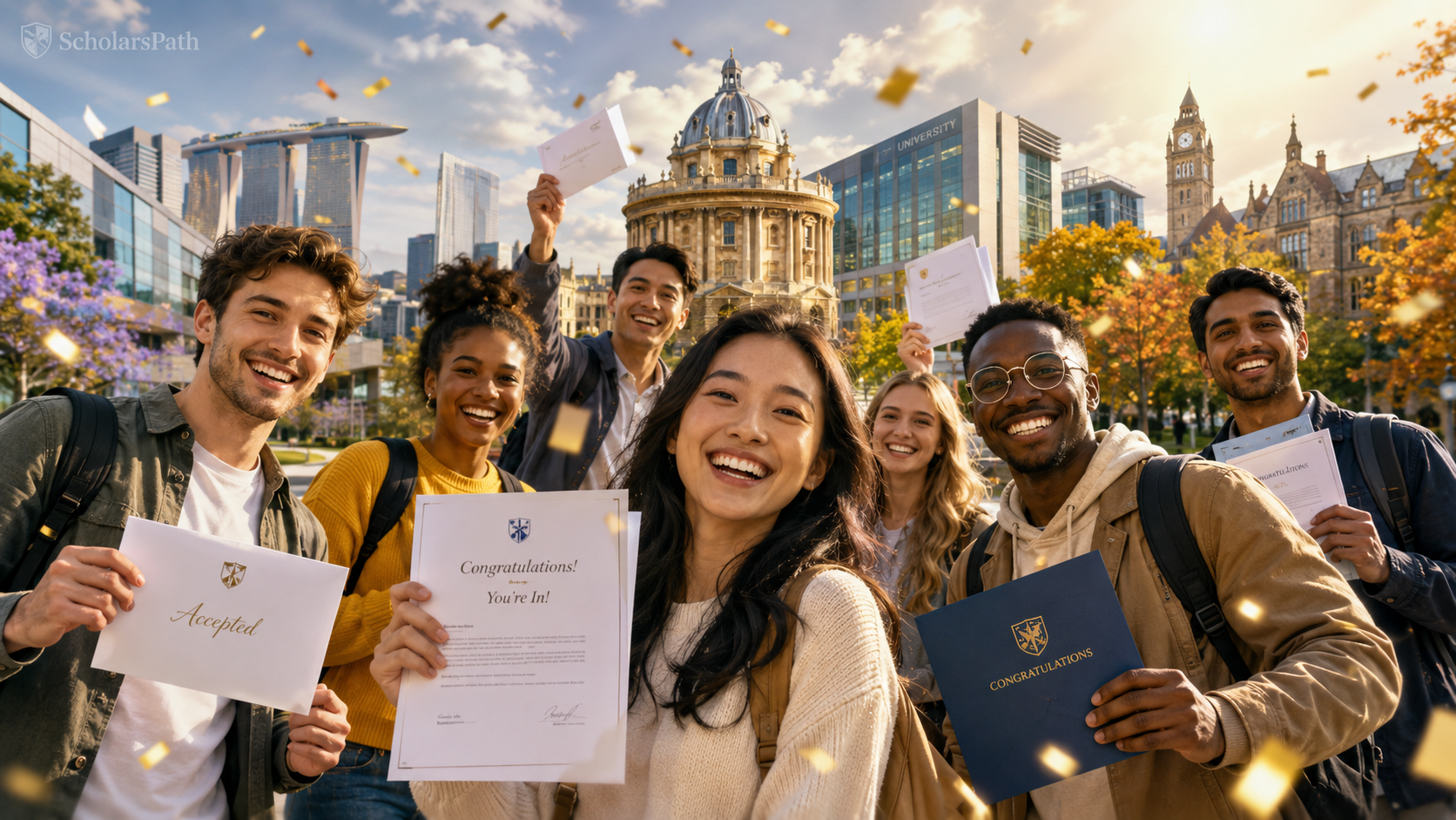 Students celebrating scholarship acceptance letters